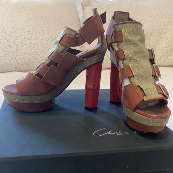Chrissie Morris Stingray & Leather Platform Sandals w/box - Picture 1 of 8
